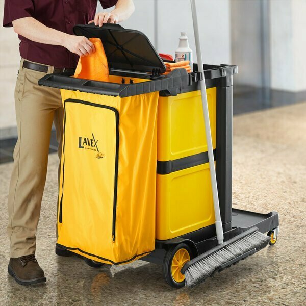 Lavex Premium 3-Shelf Janitor Cart Kit with Yellow Zippered Bag Lid and Double Lock Box 274JC3PZ2LYLKT